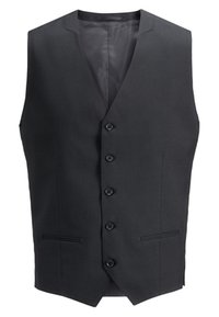 Chaleco negro con corte recto, que presenta cinco botones y dos bolsillos laterales. Elaborado con una tela suave y un diseño minimalista.
