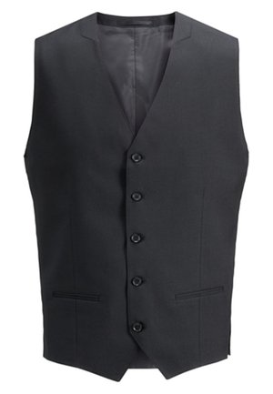 Svart vest med rett snitt, med fem knapper og to sidelommer. Laget av et glatt stoff med et minimalistisk design.