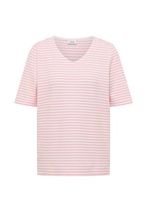 Wit shirt met korte mouwen, lichtroze horizontale strepen en een V-hals, weergegeven tegen een effen witte achtergrond.