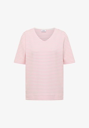 Chemise blanche à manches courtes avec des rayures horizontales rose clair et un col en V, présentée sur un fond blanc uni.