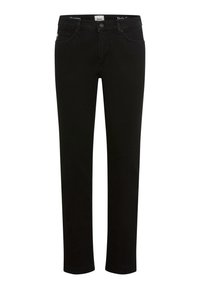 Pantaloni in denim nero con taglio dritto, dotati di tasche standard, chiusura con zip e bottoni. Realizzati in tessuto morbido e resistente.