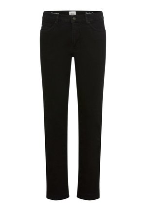 Schwarze Jeans mit geradem Schnitt, ausgestattet mit Standardtaschen, einem Reißverschluss und einem Knopfverschluss. Hergestellt aus weichem, strapazierfähigem Stoff.