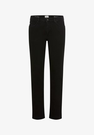 Pantaloni in denim nero con taglio dritto, dotati di tasche standard, chiusura con zip e bottoni. Realizzati in tessuto morbido e resistente.