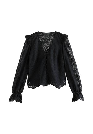 Czarna koronkowa bluzka z długimi rękawami, dekoltem w kształcie litery V, falbaniastymi ramionami i zapięciem na guziki. Posiada skomplikowane wzory kwiatowe oraz falbaniasty dół.