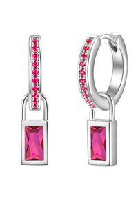 Srebrne obročeve uhane, ki imajo vrsto majhnih rožnatih kamnov in pravokotni rožnati kamen kot poudarek na dnu, ki prikazuje sodoben oblikovalski sistem.