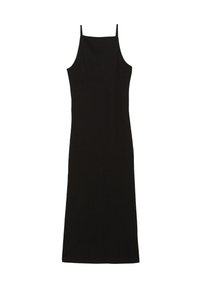 Vestito nero senza maniche realizzato in morbido tessuto. Presenta una silhouette dritta, sottili spalline e una lunghezza fino al ginocchio. Nessun motivo o accessorio visibile.