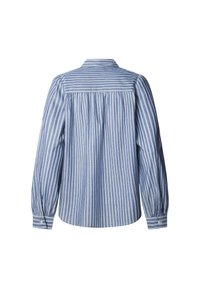Modrá a biela pruhovaná blúzka s dlhými rukávmi, zadným yoke a skladanými detailmi. Vyrobená z ľahkej tkaniny s jemnou textúrou.