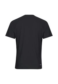 Maglietta sportiva nera a maniche corte, texture morbida, scollo arrotondato, maniche raglan, branding minimale sul retro in basso.