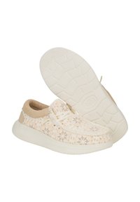 Veterschoenen met een geweven beige en witte bovenkant met bloemmotieven en een comfortabele crémekleurige zool met een gestructureerde grip.