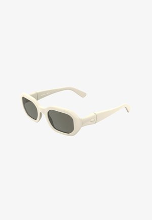 White sunglasses with an octagonal shape, gray lenses, and sleek, smooth frames. Features a single accent on each temple.