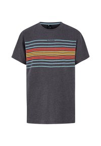 Grijs t-shirt met korte mouwen, voorzien van horizontale strepen in turquoise, rood, oranje en geel. Gemaakt van een katoenmix en met een ronde hals.