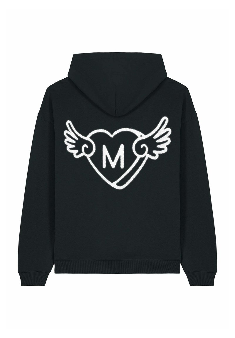 Felpa nera con cappuccio caratterizzata da un design a cuore alato bianco con una "M" al centro, realizzata in tessuto morbido con polsini e orlo a costine.
