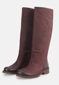 Botas de cuero burdeos hasta la rodilla con una textura suave, punta redonda y una capucha de punta en un marrón oscuro contrasting. Tacón de madera apilada.
