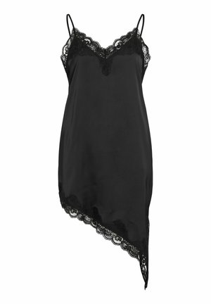 Czarna satynowa sukienka na ramiączkach z koronkową lamówką przy dekolcie w serek, na dole oraz cienkich ramiączkach, z asymetrycznym dołem.