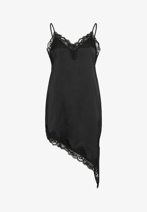 Czarna satynowa sukienka na ramiączkach z koronkową lamówką przy dekolcie w serek, na dole oraz cienkich ramiączkach, z asymetrycznym dołem.
