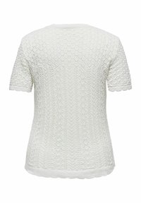 Kortærmet hvid sweater med et struktureret diamantmønster, bølget kant og strikket design. Let og åndbart stof.