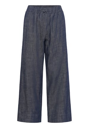 Tmavě modré široké lněné kalhoty s elastickým pasem a stahovací šňůrkou, s volným střihem a texturovanou tkaninou.