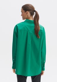 Groen overhemd met lange mouwen van een gladde stof, voorzien van een plooitje aan de achterkant, knopen bij de manchetten en een klassieke kraag. Achteraanzicht van het overhemd weergegeven.