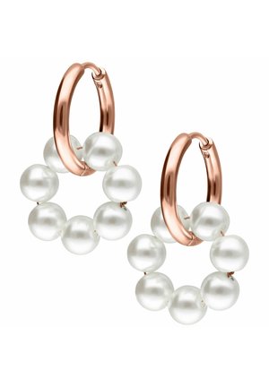 Rose gold hoop earrings featuring a circular design embellished with white pearl beads. The pearls are smooth and glossy, creating a textured contrast.