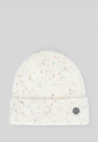 Biała dzianinowa czapka z prążkowanym wzorem i wielokolorowymi drobinkami, z małym metalowym logo na zagiętym mankiecie.