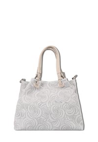 Light gray handbag with embossed floral pattern, structured shape, and smooth faux leather handles. Features dual top handles and silver hardware.