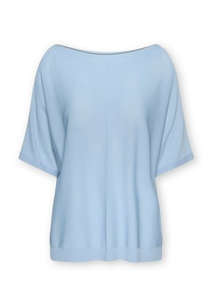 Top de punto de manga corta azul claro con cuello amplio tipo barco y ajuste holgado, con bordes acanalados en las mangas y el dobladillo.
