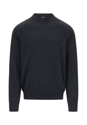 Maglione in lana grigio scuro con collo rotondo, polsini e orlo a coste. Presenta maniche raglan e un piccolo logo sul petto. Tessuto morbido.