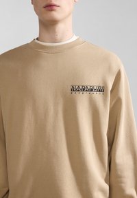 Felpa marrone con collo rotondo e maniche lunghe. Presenta un logo in testo blu scuro sul petto. Tessuto liscio, vestibilità comoda.