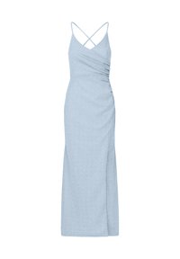 Valkblue strap dress with a fitted silhouette, ruched detailing on the side, and a thigh-high slit. Made from a shiny, textured fabric.