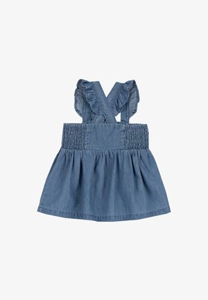 Robe en denim avec un corsage smocké, des bretelles à volants et une jupe froncée. La couleur est bleue avec une texture lisse et un design décontracté.