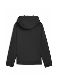 Schwarze wasserdichte Jacke mit Kapuze, langen Ärmeln, elastischen Bündchen und glatter Textur. Minimalistisches Design ohne sichtbare Logos oder Muster.