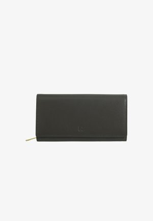 Cartera de cuero negro con textura suave, forma rectangular, cierre de cremallera y un logo en relieve en el frente.