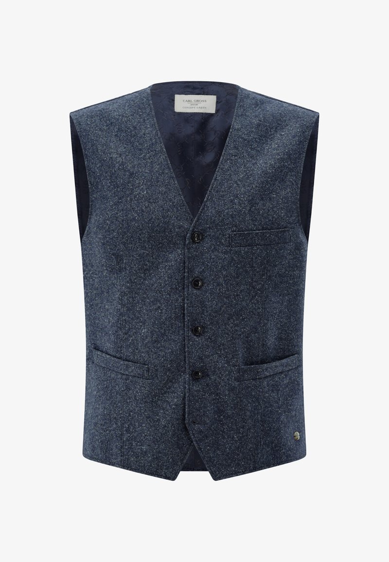 Sleeveless wool vest in dark blue, featuring a v-neck, five buttons, two front pockets, and a textured finish with a patterned lining.