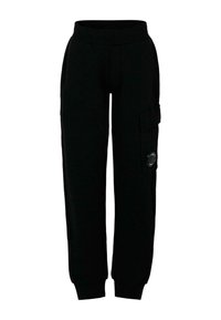 Zwarte sweatpants van zachte stof, met een geribde tailleband, zijvak met knoop en taps toelopende boorden bij de enkels.