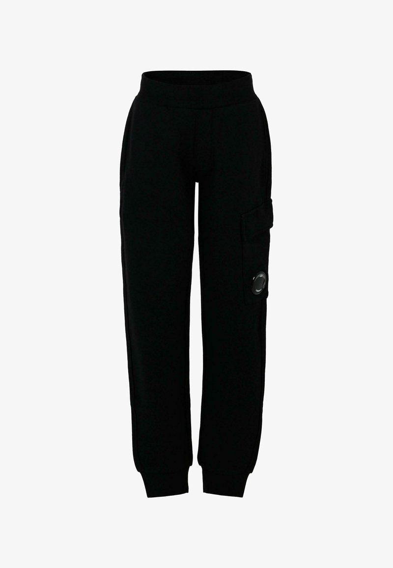 Zwarte sweatpants van zachte stof, met een geribde tailleband, zijvak met knoop en taps toelopende boorden bij de enkels.