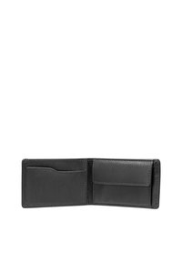 Black leather wallet featuring a textured finish, two card slots, and a separate compartment, designed for compact storage.
