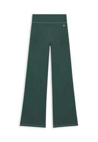 Pantaloni ampi in tessuto verde scuro con una superficie liscia. Presentano un alto girovita e dettagli di cucitura discreti.