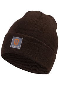 Brun strikket hue med en foldet manchet og et rektangulært patch med et logo og ordet "JEANSCODE" i orange og grå.
