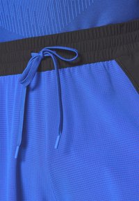 Pantalones cortos deportivos azules con un patrón texturizado, cinturilla negra y cordón ajustable. Cuenta con bolsillos laterales y tejido transpirable.