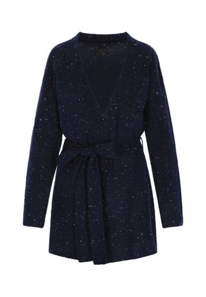 Cardigan navy in un morbido maglione testurizzato con macchie bianche. Presenta un profondo scollo a V, maniche lunghe e una cintura in tessuto abbinata in vita.