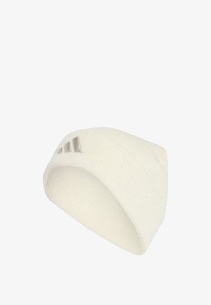 White knitted beanie hat with a soft, textured finish. Features a folded cuff with three subtle, gray stripes on the side.