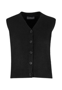 Černý bezrukávový kardigan s výstřihem do V, se pěti černými knoflíky vpředu, pletenou texturou a žebrovaným lemem.
