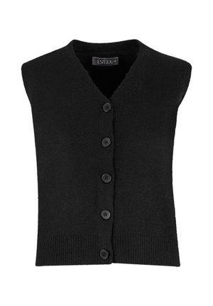 Schwarze ärmellose Strickjacke mit V-Ausschnitt, ausgestattet mit fünf schwarzen Knöpfen an der Vorderseite, gestrickter Textur und geripptem Saum.