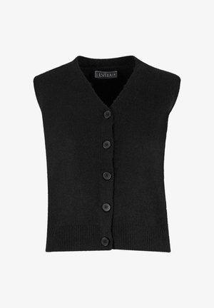 Schwarze ärmellose Strickjacke mit V-Ausschnitt, ausgestattet mit fünf schwarzen Knöpfen an der Vorderseite, gestrickter Textur und geripptem Saum.