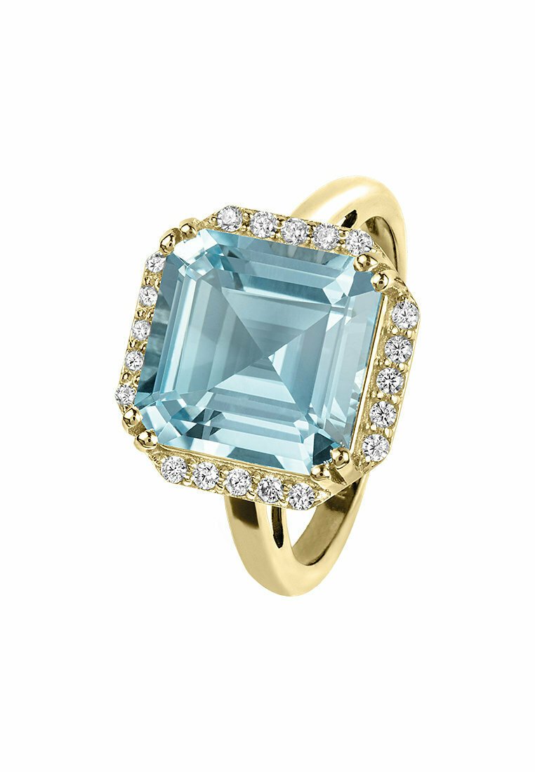 Goldring mit einem großen, quadratisch geschliffenen hellblauen Stein, umgeben von kleinen weißen Steinen entlang des Bands. Glatte, polierte Oberfläche.