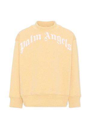 Beżowa bluza z okrągłym dekoltem, długimi rękawami i białym gotyckim napisem "Palm Angels" zakrzywionym na wysokości klatki piersiowej.