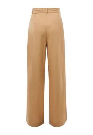 Beige, wijde broek met hoge taille, een gladde afwerking en een tailleband met knoopdetail, gezien vanaf de achterkant.