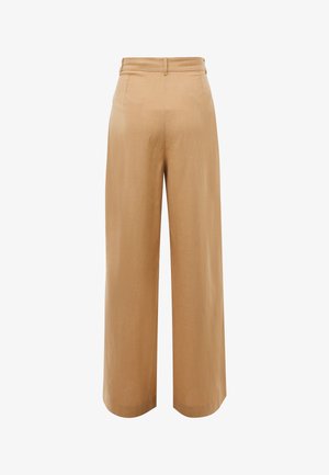 Beige, wijde broek met hoge taille, een gladde afwerking en een tailleband met knoopdetail, gezien vanaf de achterkant.