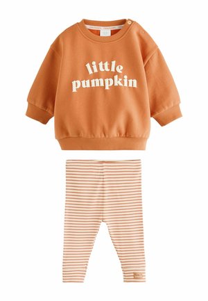 Detská mikina v hrdzavej farbe s textom "little pumpkin" a krémové legíny s hrdzavými vodorovnými pruhmi, ktoré ladia s vrchom.