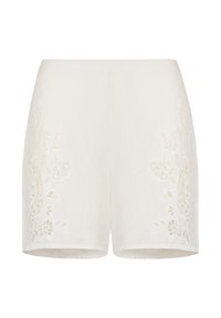 Vita linneshorts med blommönsterbroderi på sidorna, med rak skärning och en slät yta. Inga synliga detaljer i hårdvara.